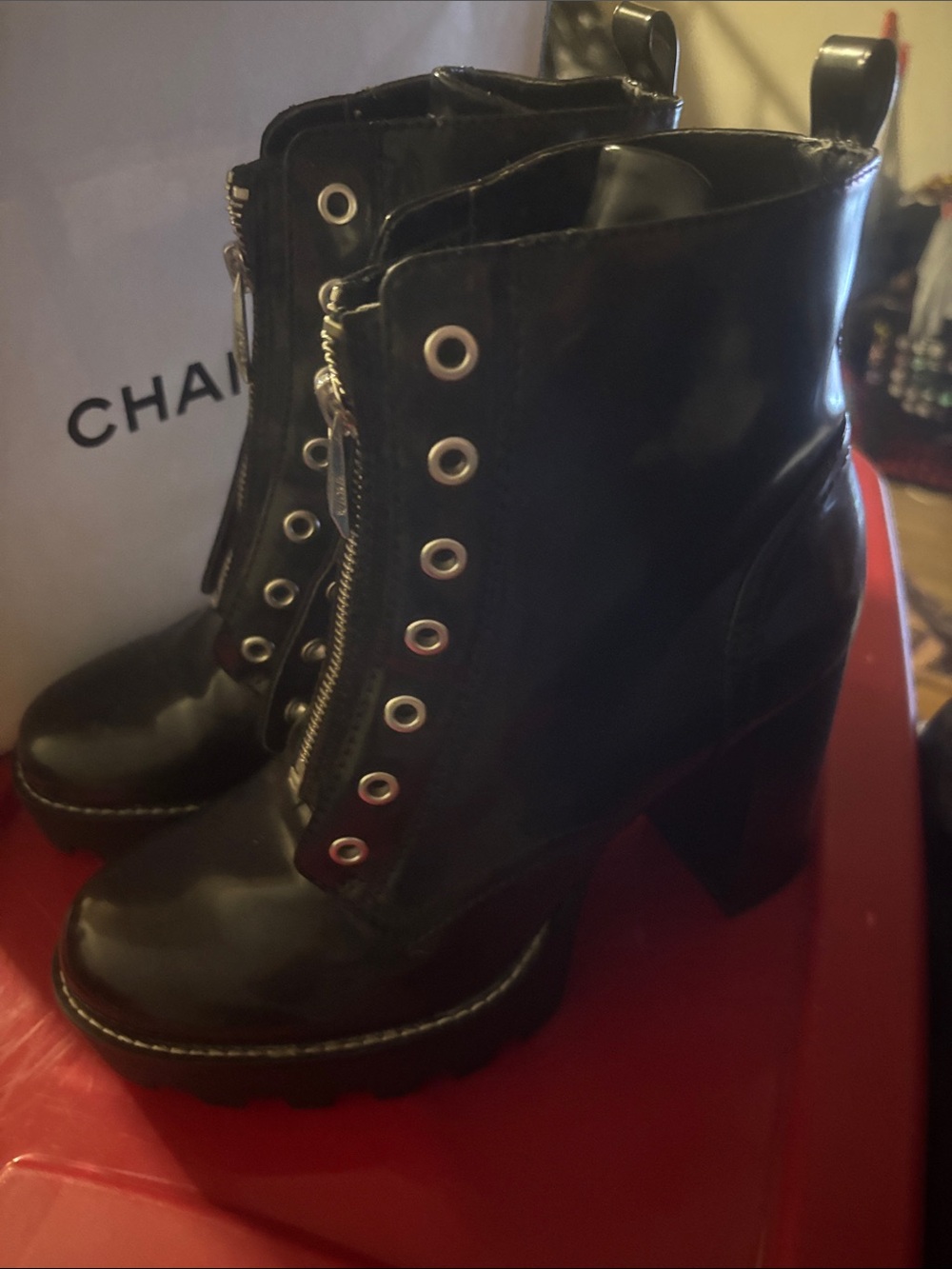 Zara Black Patent Lace-Up Platform Ankle Boots